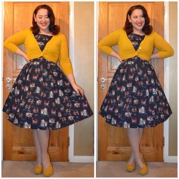 Venice print Christie dress by Lindy Bop, Honey Cropped Cardigan from Pinup Girl Clothing, old season Truffle heels, Chrystal hairclip from Tegen Accessories