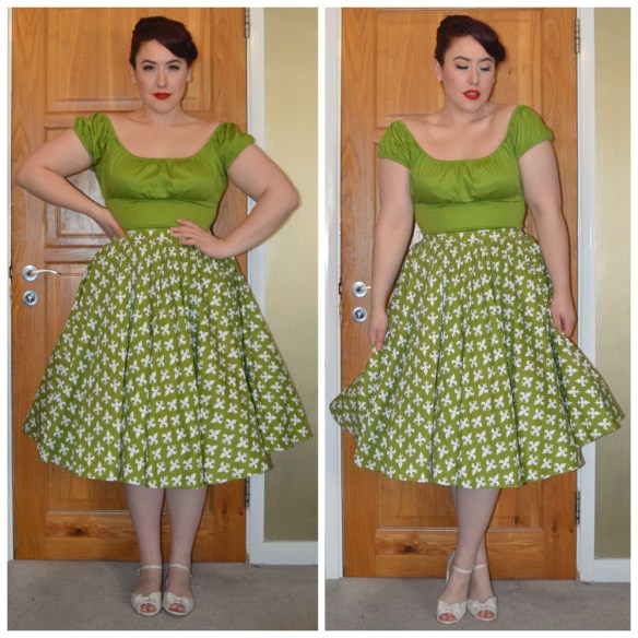 Olive Green Peasant Top by Pinup Girl Clothing, Discontinued Olive & White Fleur De Lis Harley dress worn as a skirt by Pinup girl Clothing, old season Primark flats