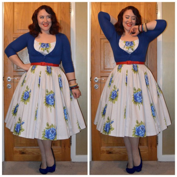 Sunday Rose Norma Jean dress by Retrospec'd, Royal Blue Cropped Cardigan from Pinup Girl Clothing, Red Slide belt by Pinup Girl Clothing, coloured and woven bamboo bangles by Splendette, wooden bangles eBay, flats old season Primark