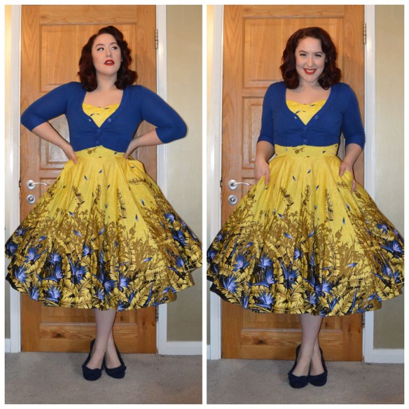 Discontinued Yellow & Blue Sea Siren dress by Pinup Girl Clothing, Royal Blue Cropped Cardigan from Pinup Girl Clothing, old season flats from Primark
