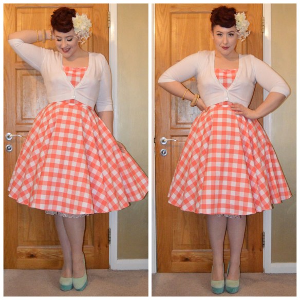 Coral gingham Sarah dress by Heart of Haute (restocking soon,) White Cropped Cardigan from New Look, Ivory Falls Blossom hair flowers by Alternate Normality, Natural Woven Bamboo Bangle by Splendette, Bamboo Bangles from Pinup Girl Clothing, old season Truffle heels