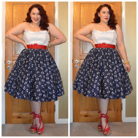 All from Pinup Girl Clothing: White Vintage Bustier top, Red Havana dress belt, Anchor Renee dress worn as a skirt, Wrap Me Up wedges, bamboo bangles. Woven Bamboo Bangle by Splendette