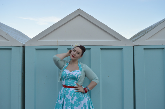 Vivien of Holloway 1950s Halter Neck Circle Dress Turquoise Floral