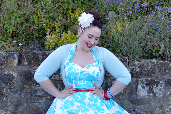 Vivien of Holloway 1950s Halter Neck Circle Dress Turquoise Floral