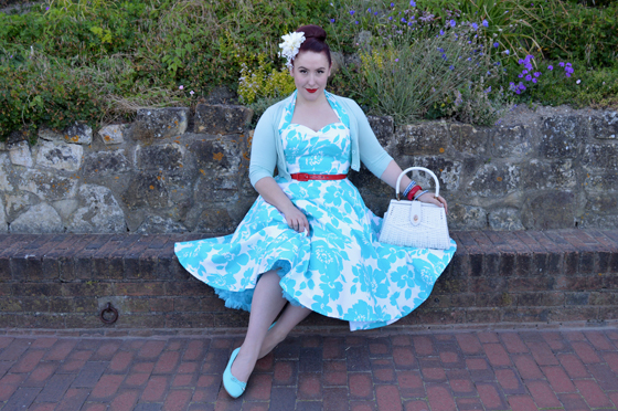 Vivien of Holloway 1950s Halter Neck Circle Dress Turquoise Floral