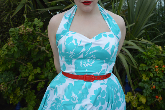 Vivien of Holloway 1950s Halter Neck Circle Dress Turquoise Floral