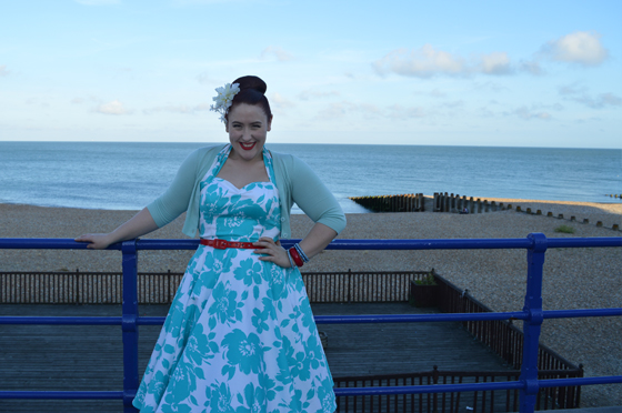 Vivien of Holloway 1950s Halter Neck Circle Dress Turquoise Floral