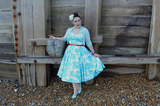 Vivien of Holloway 1950s Halter Neck Circle Dress Turquoise Floral