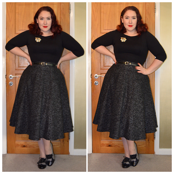 Black Sabrina top from Deadly is the Female, Rosie Sparkle Tweed skirt by Collectif, Luxulite brooch, Banned Moss Garden Hound Heels from Bluebanana.com