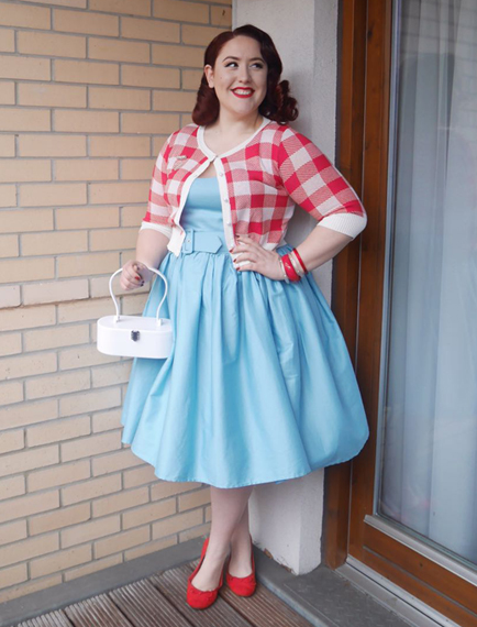 Blue Jade dress and Red Lucy Gingham Cardigan by Collectif, White Vintage Inspired bag by Lola Von Rose, Assorted Splendette bangles & Clear brooch, old F&F flats