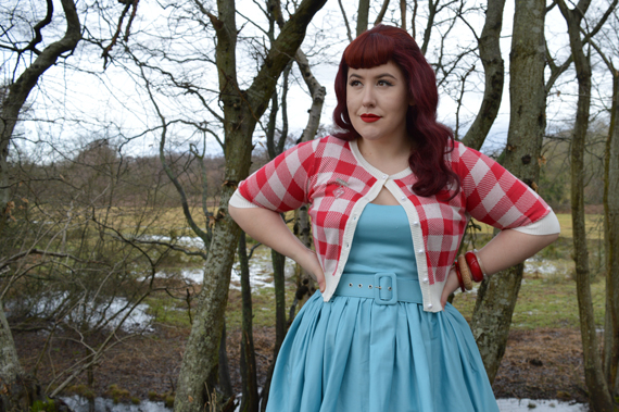 Collectif Blue Jade swing dress Red gingham Lucy Cardigan