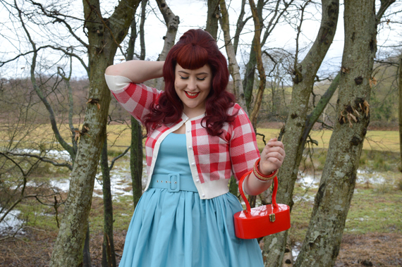 Collectif Blue Jade swing dress Red gingham Lucy Cardigan