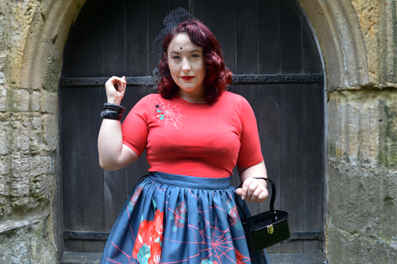 The Oblong Box Shop Charlotte's Web novelty gathered skirt coral embroidered sweater