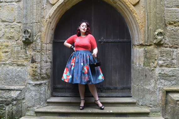 The Oblong Box Shop Charlotte's Web novelty gathered skirt coral embroidered sweater