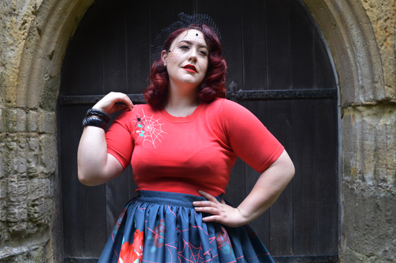 The Oblong Box Shop Charlotte's Web novelty gathered skirt coral embroidered sweater