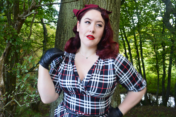 Unique Vintage black white plaid Delores dress plus size Burgundy wool round Fascinator
