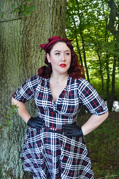 Unique Vintage black white plaid Delores dress plus size Burgundy wool round Fascinator