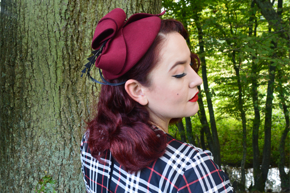 Unique Vintage black white plaid Delores dress plus size Burgundy wool round Fascinator