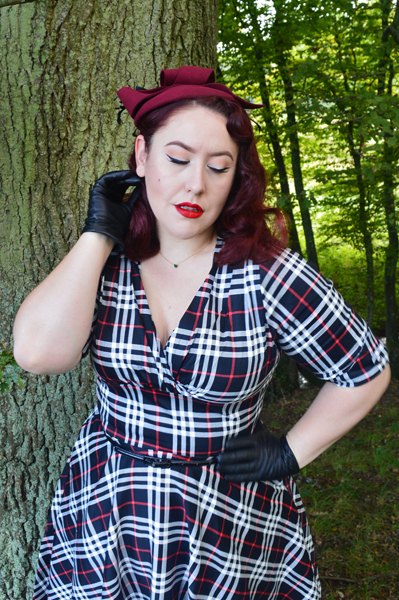 Unique Vintage black white plaid Delores dress plus size Burgundy wool round Fascinator