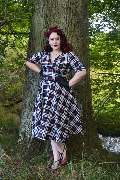 Unique Vintage black white plaid Delores dress plus size Burgundy wool round Fascinator