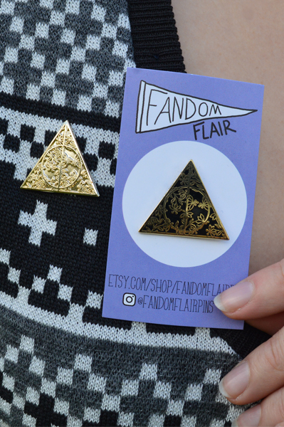 Elhoffer Design Serpent Slayer cropped cardigan Fandom Flair Deathly Hallows pin