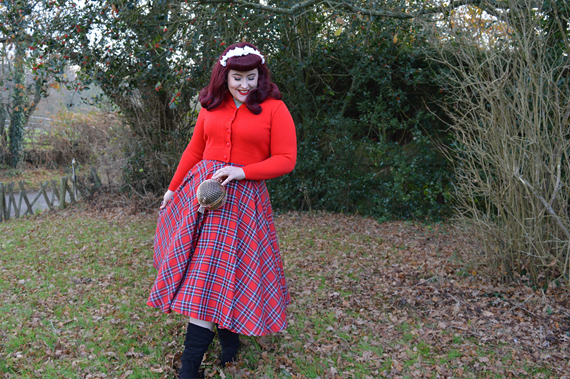 Vivien of Holloway Slash neck top Jenny cardigan 1950s red tartan circle skirt