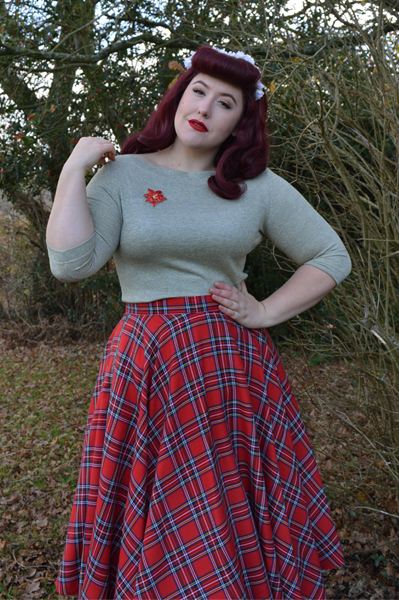 Vivien of Holloway Slash neck top Jenny cardigan 1950s red tartan circle skirt