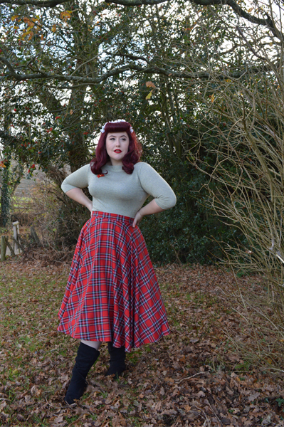 Vivien of Holloway Slash neck top Jenny cardigan 1950s red tartan circle skirt