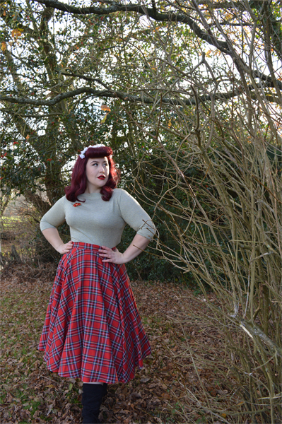 Vivien of Holloway Slash neck top Jenny cardigan 1950s red tartan circle skirt