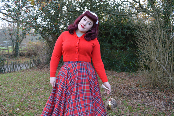 Vivien of Holloway Slash neck top Jenny cardigan 1950s red tartan circle skirt