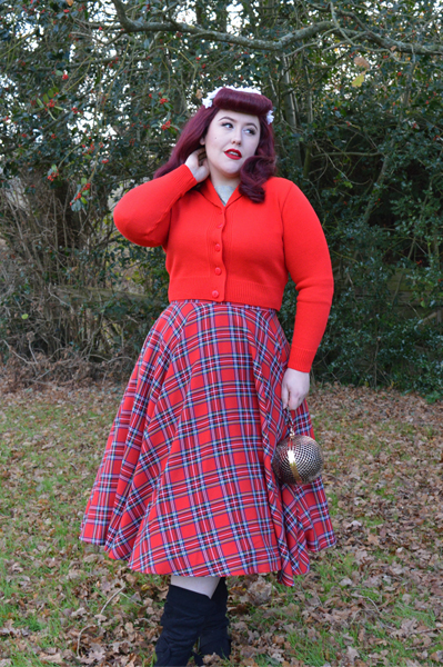 Vivien of Holloway Slash neck top Jenny cardigan 1950s red tartan circle skirt