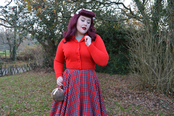 Vivien of Holloway Slash neck top Jenny cardigan 1950s red tartan circle skirt