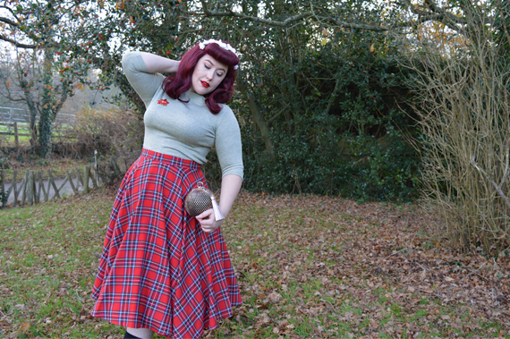 Vivien of Holloway Slash neck top Jenny cardigan 1950s red tartan circle skirt