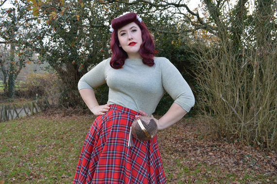 Vivien of Holloway Slash neck top Jenny cardigan 1950s red tartan circle skirt