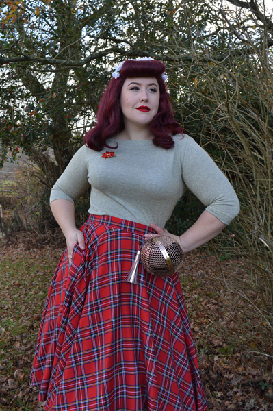 Vivien of Holloway Slash neck top Jenny cardigan 1950s red tartan circle skirt