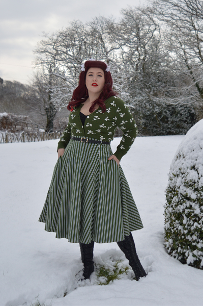 Collectif Clothing Vintage Rosie olive striped flared swing skirt Miss Amy May