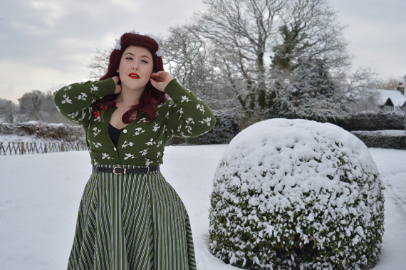 Collectif Clothing Vintage Rosie olive striped flared swing skirt Miss Amy May