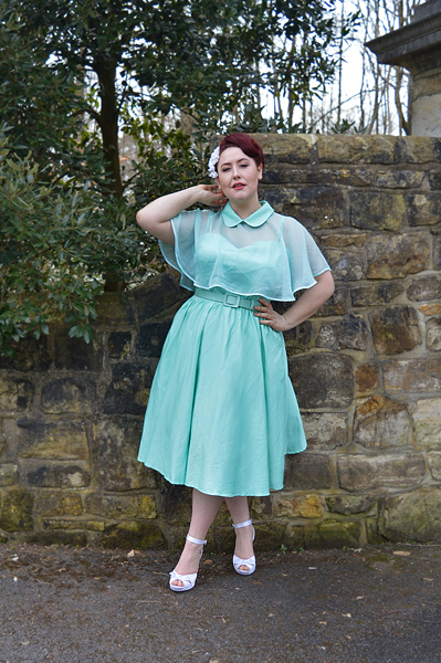 Unique Vintage 1940s Style Mint Brushed Cotton Luna Swing Dress & Mesh Capelet plus size Miss Amy May