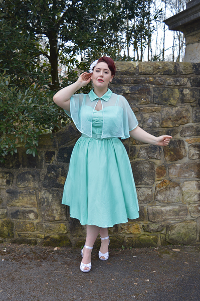 Unique Vintage 1940s Style Mint Brushed Cotton Luna Swing Dress & Mesh Capelet plus size Miss Amy May