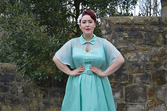 Unique Vintage 1940s Style Mint Brushed Cotton Luna Swing Dress & Mesh Capelet plus size Miss Amy May