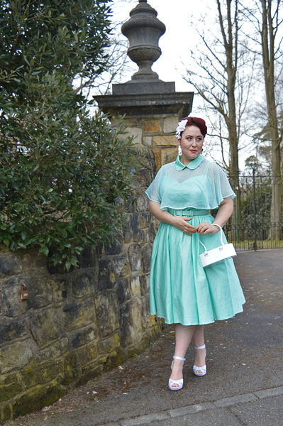 Unique Vintage 1940s Style Mint Brushed Cotton Luna Swing Dress & Mesh Capelet plus size Miss Amy May