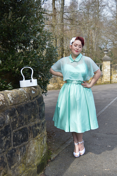 Unique Vintage 1940s Style Mint Brushed Cotton Luna Swing Dress & Mesh Capelet plus size Miss Amy May