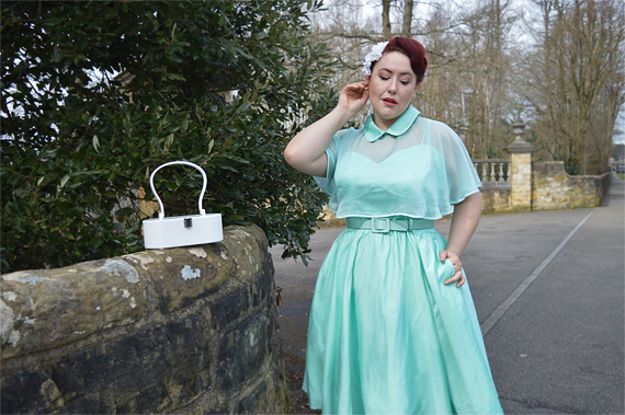 Unique Vintage 1940s Style Mint Brushed Cotton Luna Swing Dress & Mesh Capelet plus size Miss Amy May