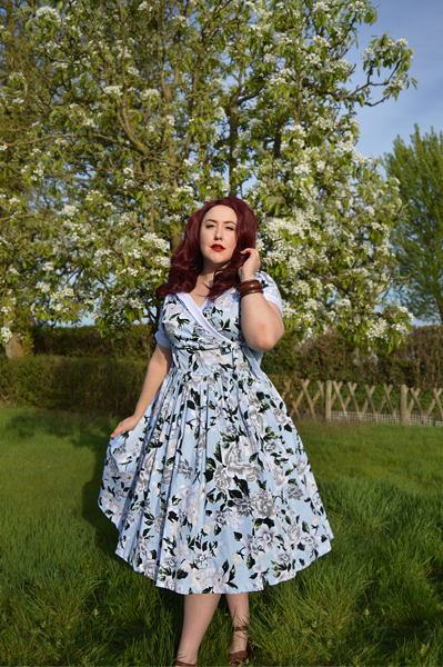 Plus Size Unique Vintage 1950s Style Light Blue & White Floral Print Pleated Waldorf Swing Dress Miss amy May