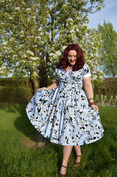 Plus Size Unique Vintage 1950s Style Light Blue & White Floral Print Pleated Waldorf Swing Dress Miss amy May