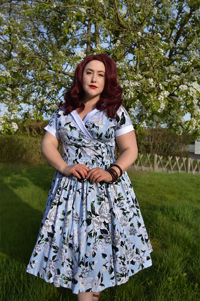 Plus Size Unique Vintage 1950s Style Light Blue & White Floral Print Pleated Waldorf Swing Dress Miss amy May