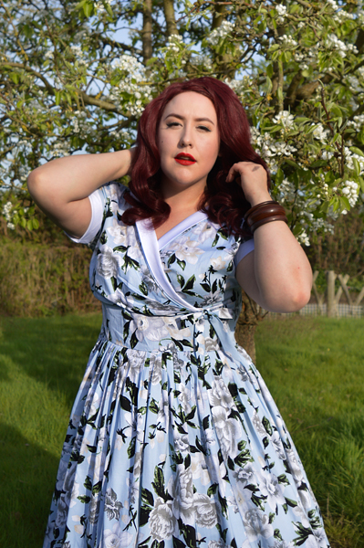 Plus Size Unique Vintage 1950s Style Light Blue & White Floral Print Pleated Waldorf Swing Dress Miss amy May