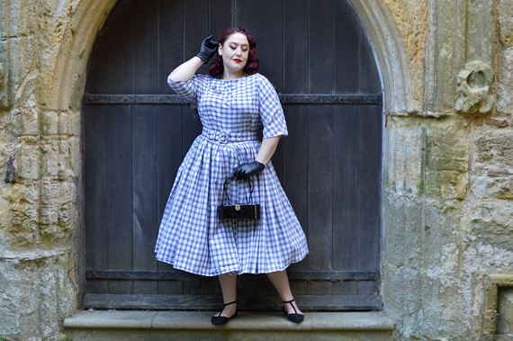 Unique Vintage plus size pinup 1940s 1950s dinner party style grey white plaid sleeved sally swing dress Mad Men Miss Amy May