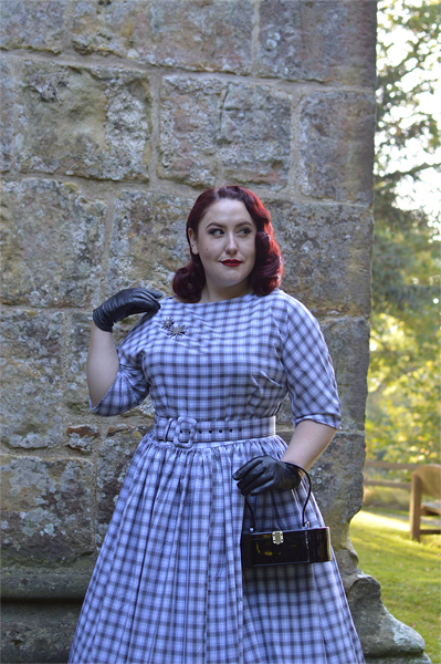 Unique Vintage plus size pinup 1940s 1950s dinner party style grey white plaid sleeved sally swing dress Mad Men Miss Amy May