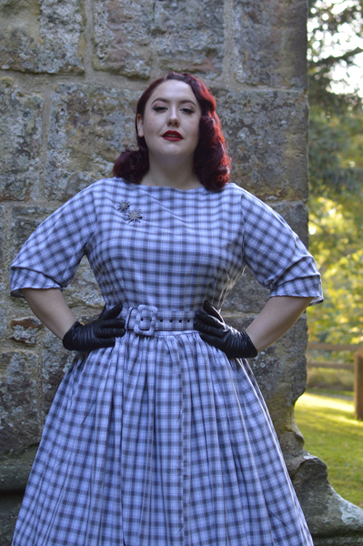 Unique Vintage plus size pinup 1940s 1950s dinner party style grey white plaid sleeved sally swing dress Mad Men Miss Amy May